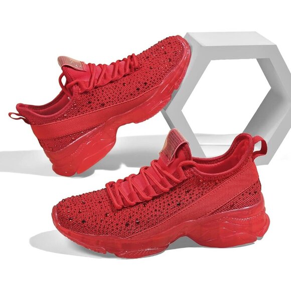 Women's Rhinestone Mesh Slip On Walking Breathable Glitter Red Sneaker Shoes - Picture 6 of 6